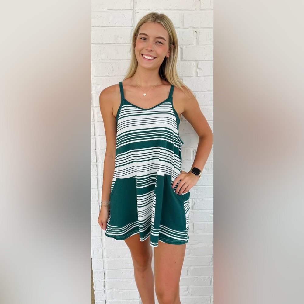 NWT New Me Striped Pocket Swing Dress SZ Small Green & White Casual Tank Dress
